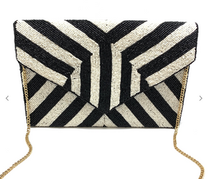 Black and White Striped Beaded Clutch