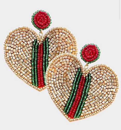 Red and Green Striped Beaded Hearts